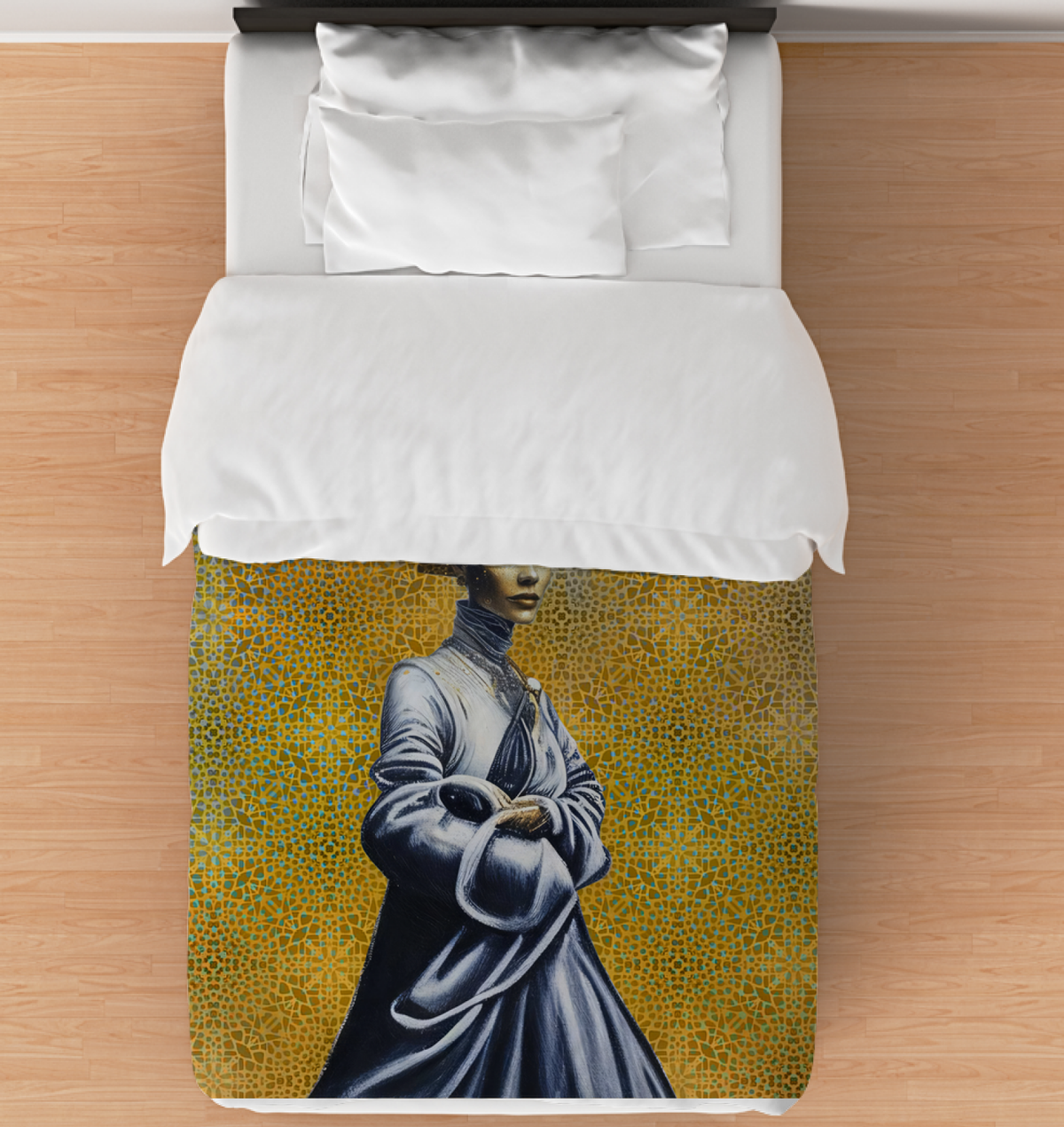 Galactic Guardian Duvet Cover showcasing a cosmic design on a bed
