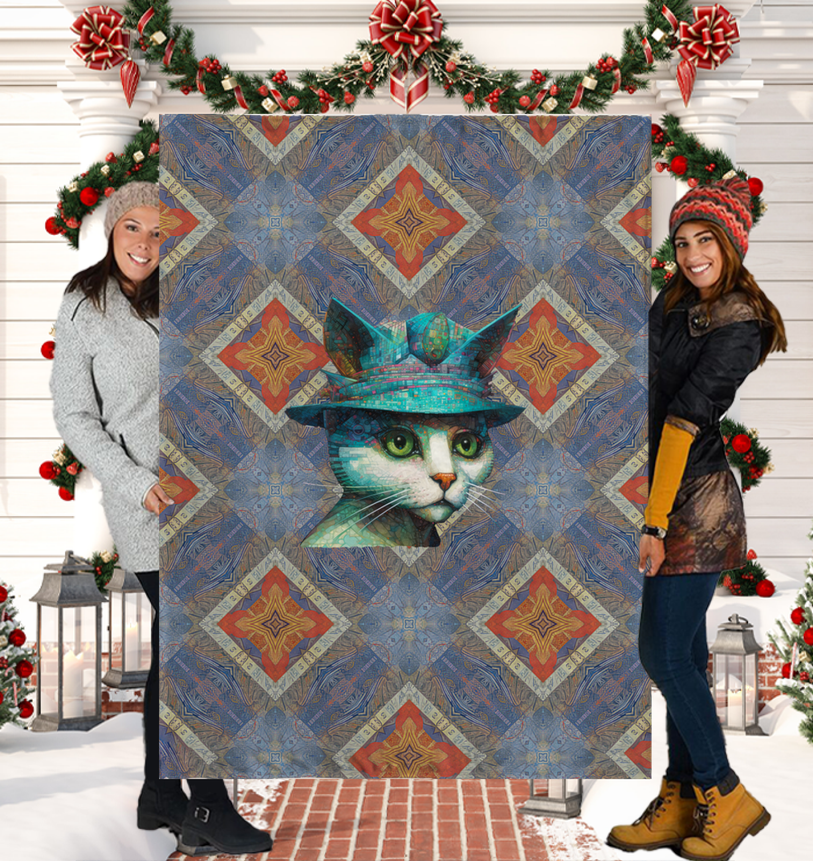 Cozy Sherpa Blanket with cat design on a bed