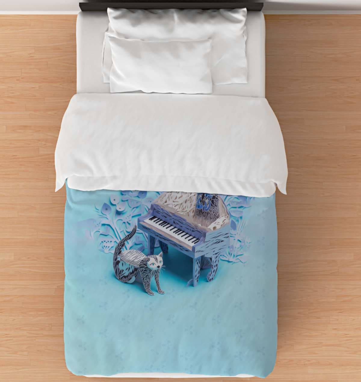 Modern origami cityscape design on duvet cover.