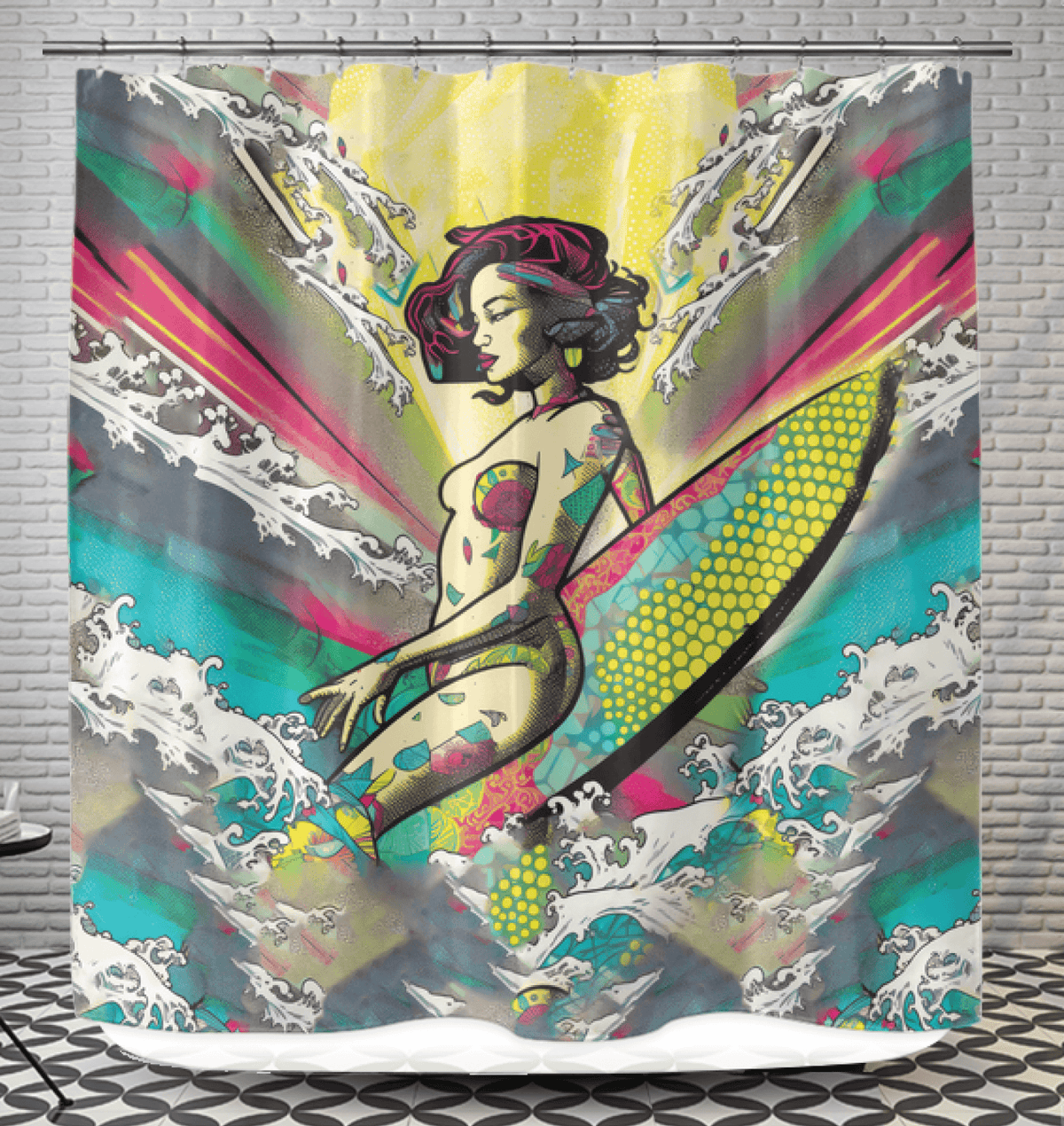 Close-up of Surfing 1 50 Shower Curtain, highlighting the detailed and colorful surf-inspired graphics, perfect for a fun and vibrant bathroom decor.