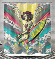 Close-up of Surfing 1 50 Shower Curtain, highlighting the detailed and colorful surf-inspired graphics, perfect for a fun and vibrant bathroom decor.