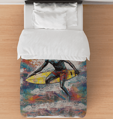 Surfing 1 47 Twin Comforter laid out on a bed, showcasing its striking surf pattern, perfect for those who live for the ocean.