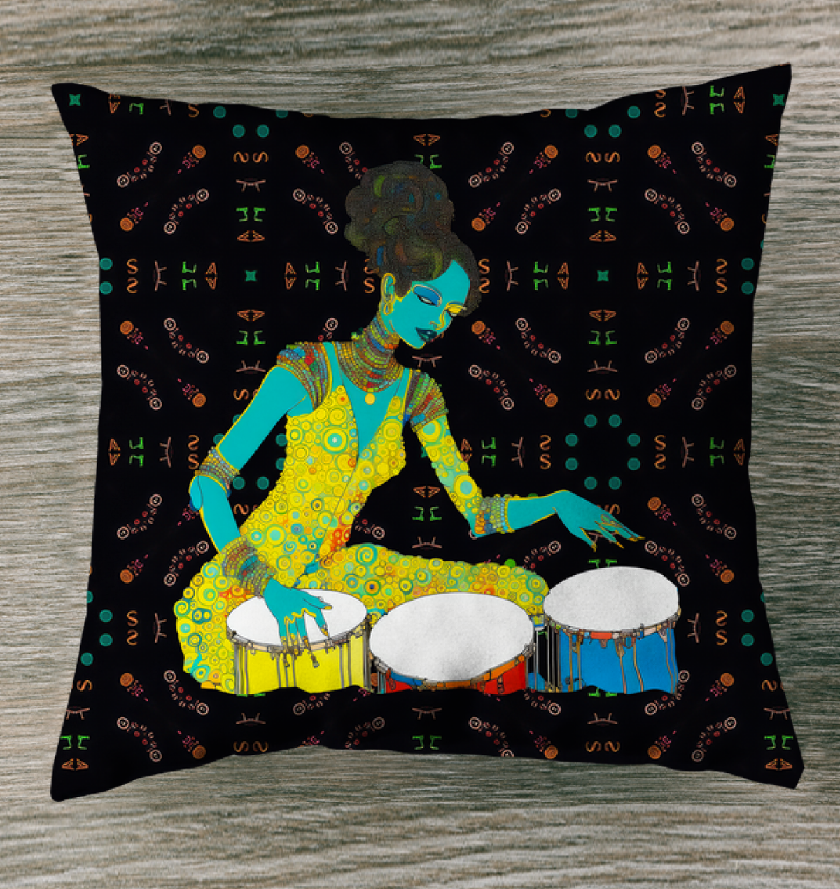 Melodic Harmony Outdoor Pillow on a stylish patio chair.