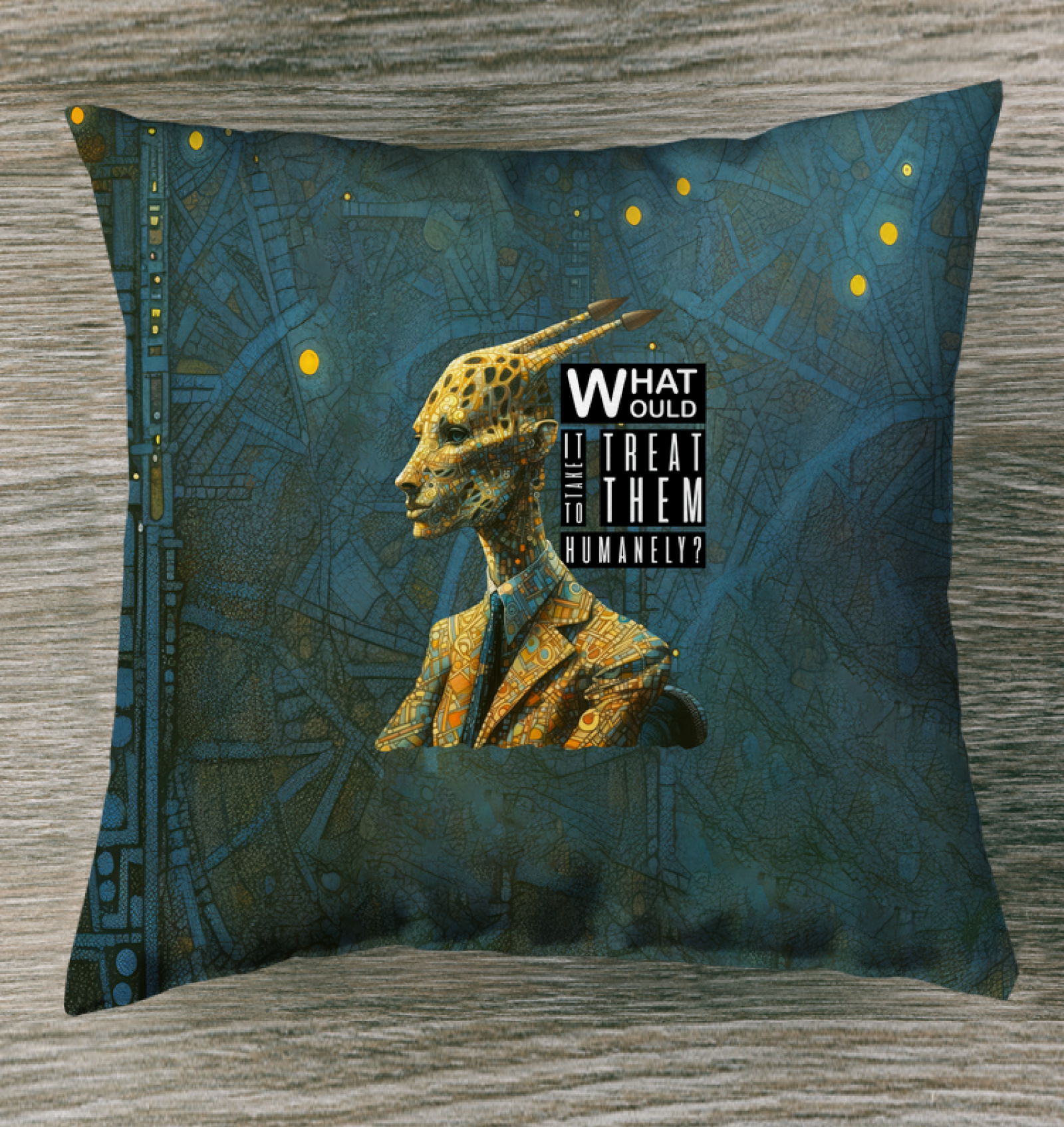 Decorative outdoor pillow featuring a giraffe as a boat captain.