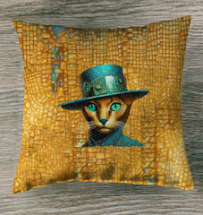 Curious Cat Indoor Pillow on a cozy sofa