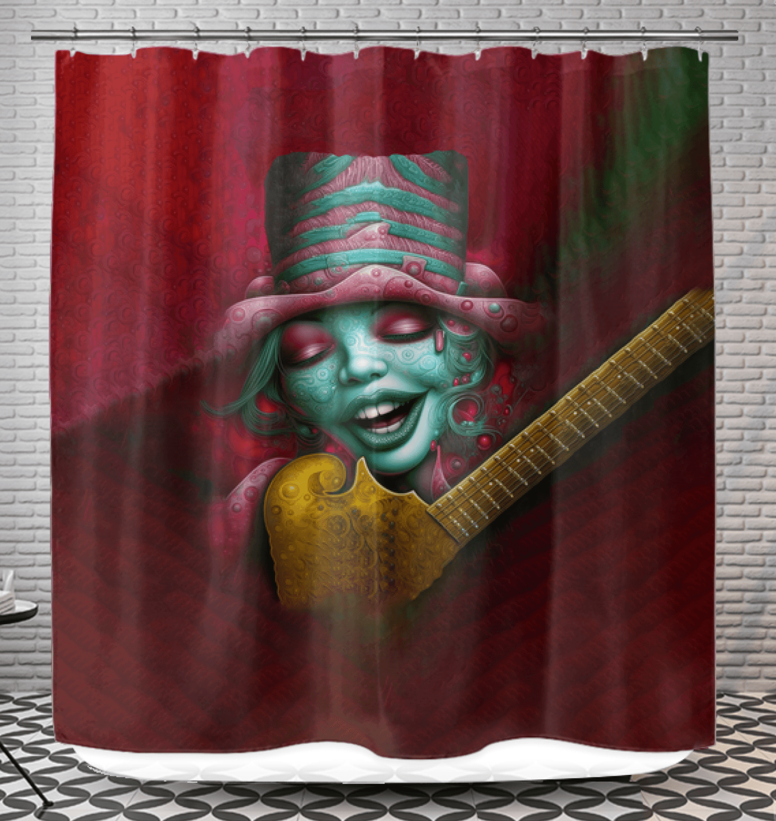 Colorful 'Whimsical Wonders II' themed shower curtain in a decorated bathroom.