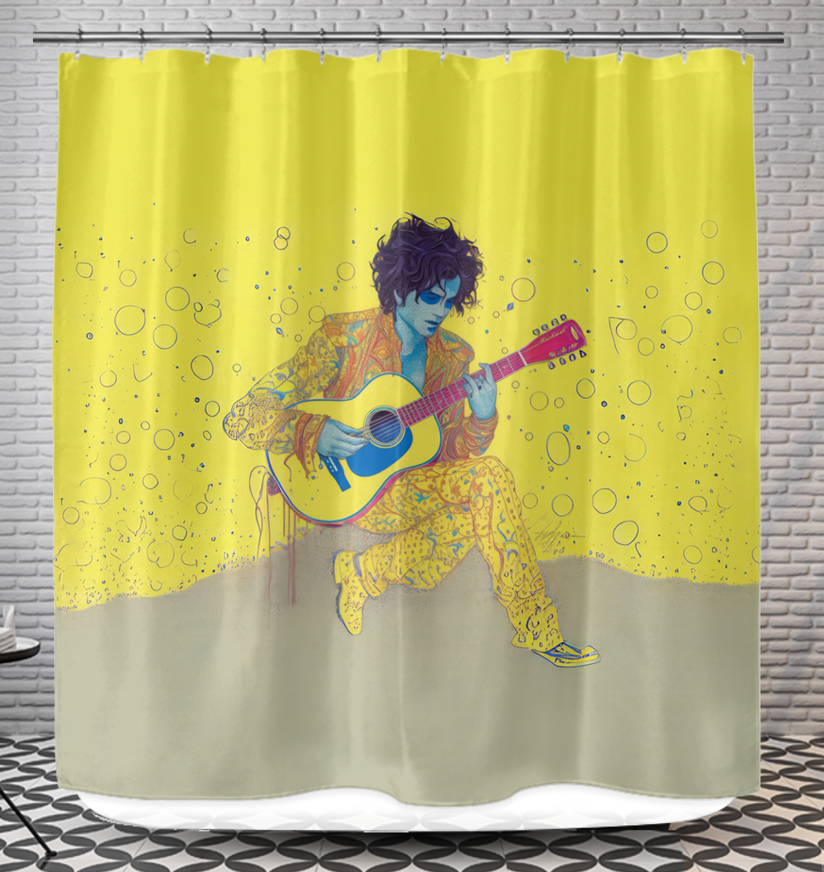 Bright sunflower patterns on Serenade Shower Curtain for a lively bathroom ambiance.