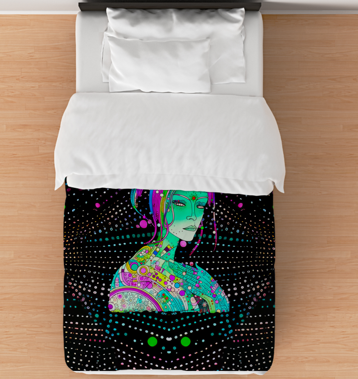 Peony Paradise Comforter showcasing its vibrant floral design on a plush bedding setup.