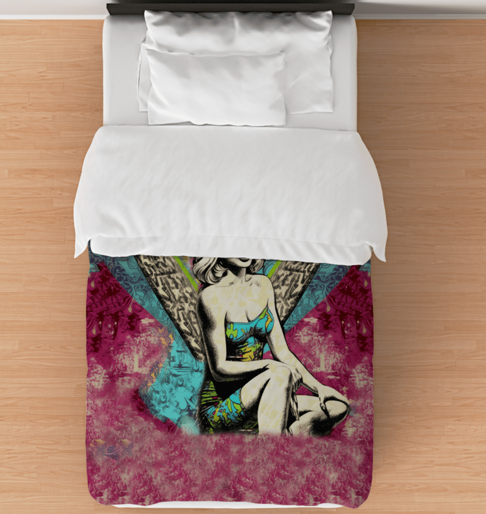 Surfing 1 19 Twin Comforter spread on a bed, showcasing its vibrant surfing scene for an adventurous bedroom theme.