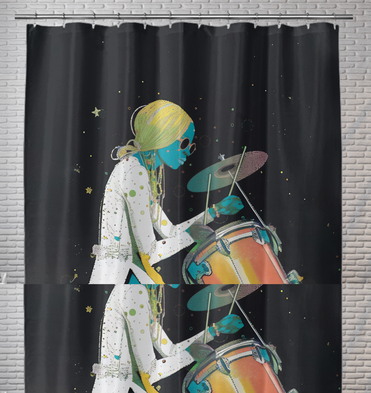 Rhythmic Melodies Shower Curtain in a modern bathroom setting.