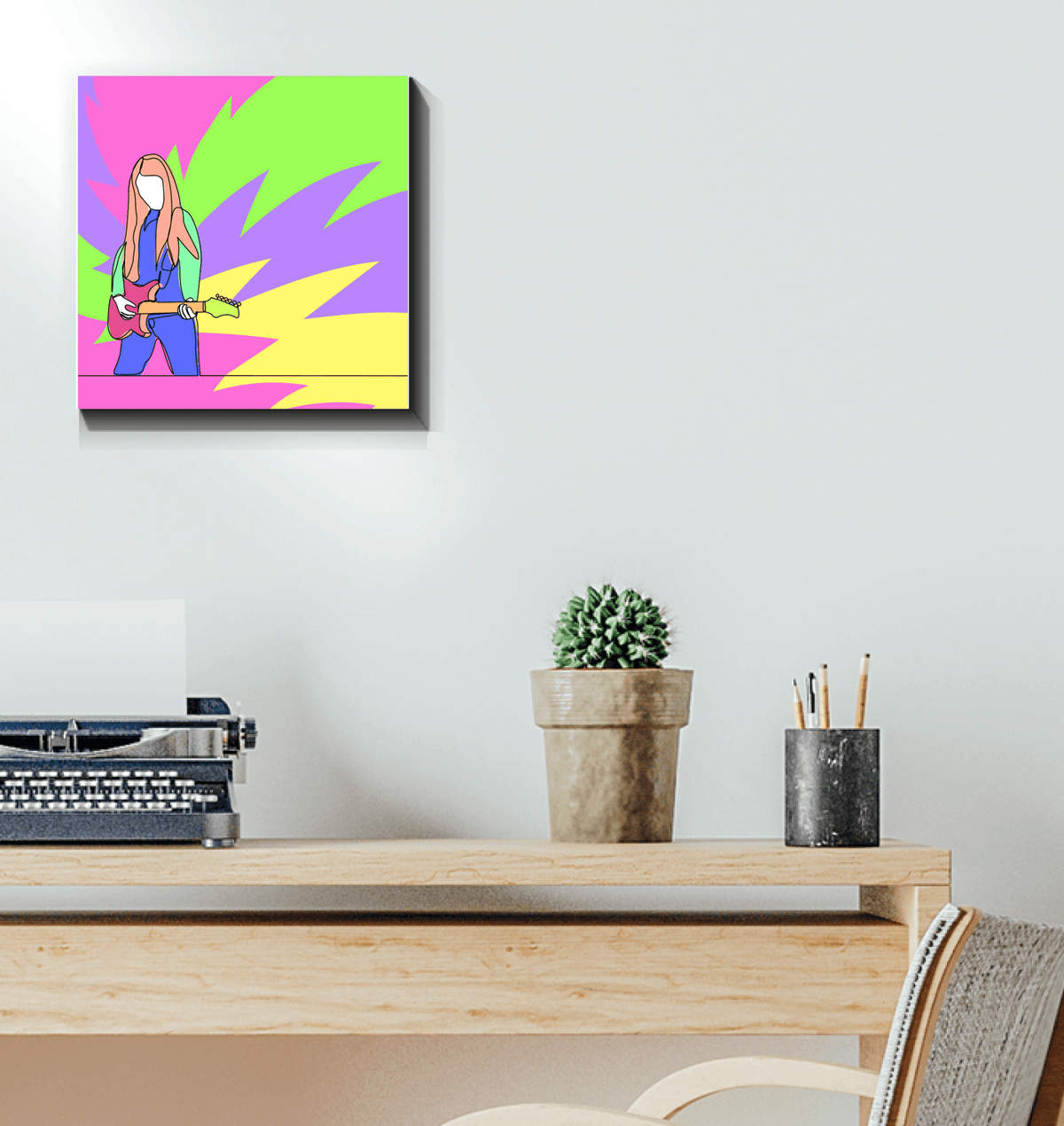 Girl Playing Guitar Line Art 2 Wrapped Canvas - Beyond T-shirts