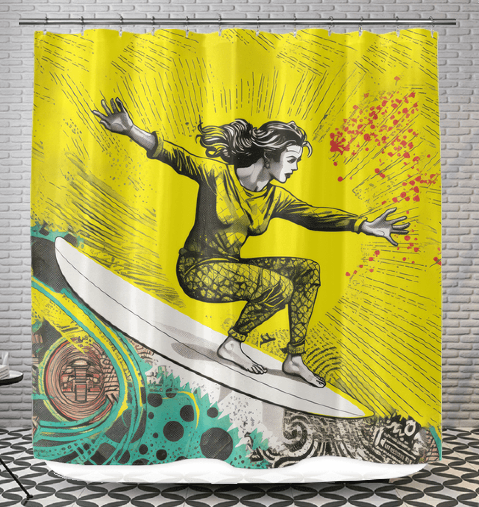 Close-up of Surfing 1 10 Shower Curtain, highlighting the detailed surf graphics and waterproof quality, perfect for transforming your bathroom into a surfer's paradise.