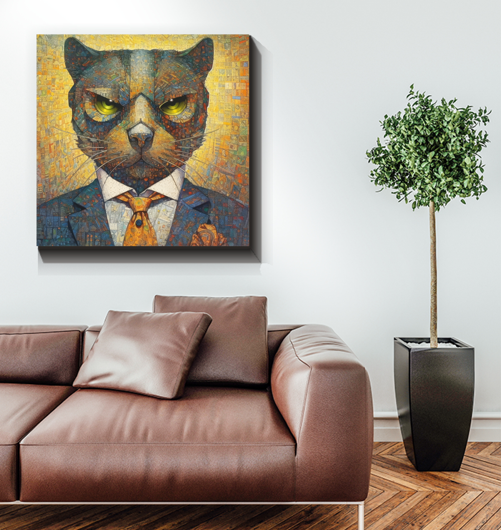 Playful cat art canvas in Whisker Wonders collection.