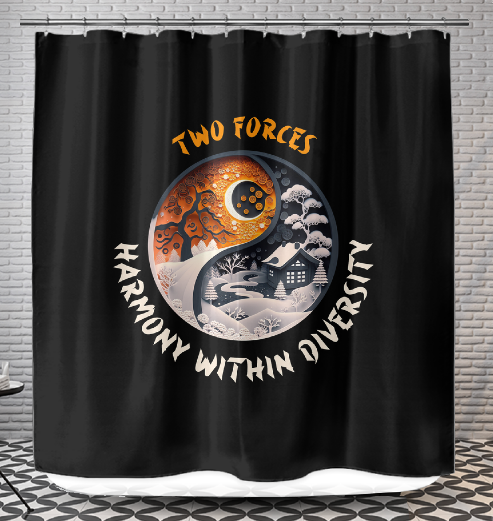 Shower curtain with fiery Ying Yang design for bathroom.