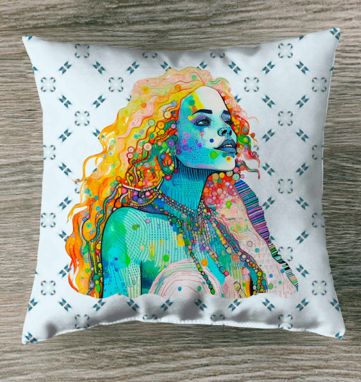 Symphony in Serenity Outdoor Pillow on a cozy garden bench.