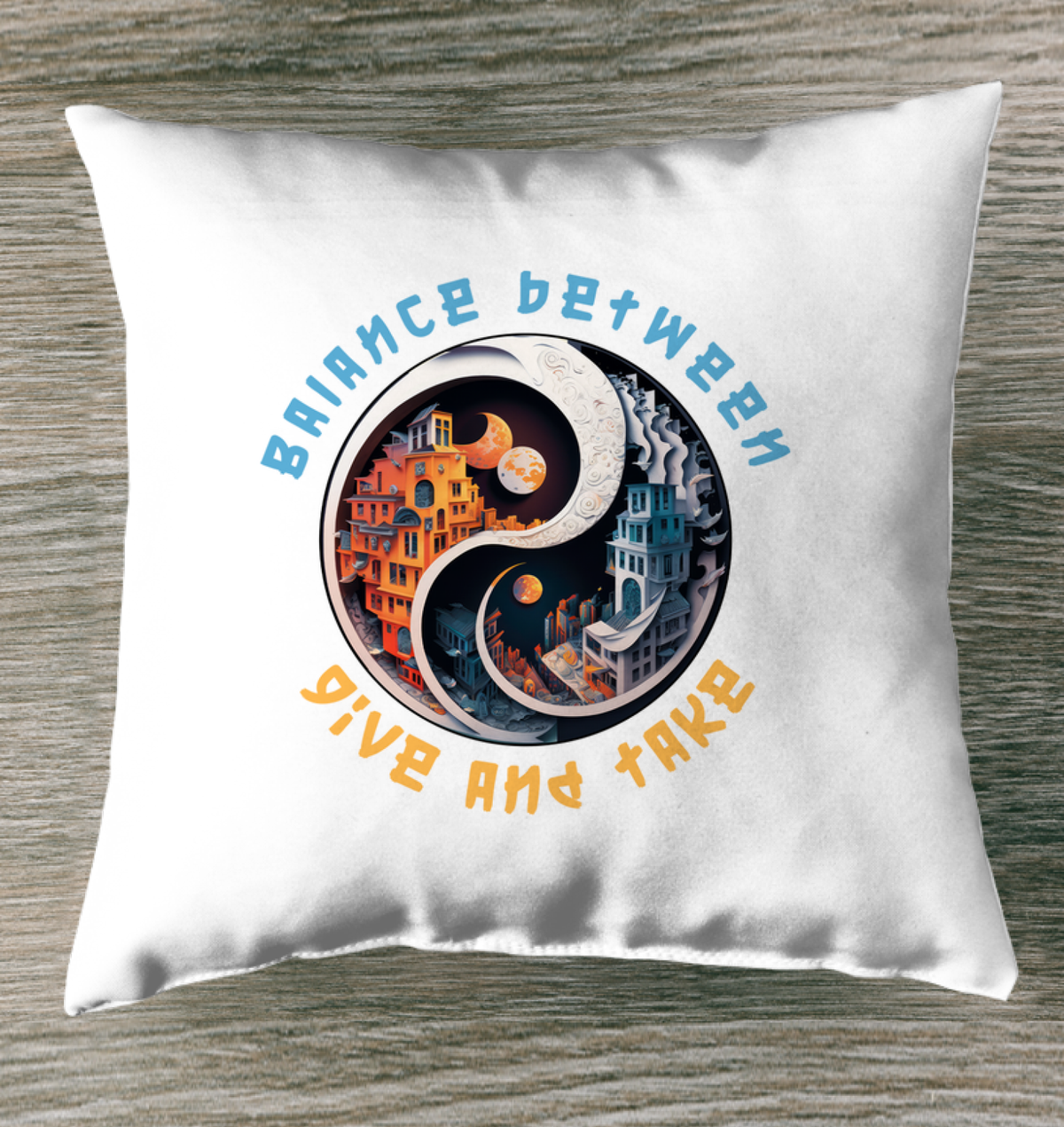 Indoor pillow with Zen Pebbles Ying Yang design.