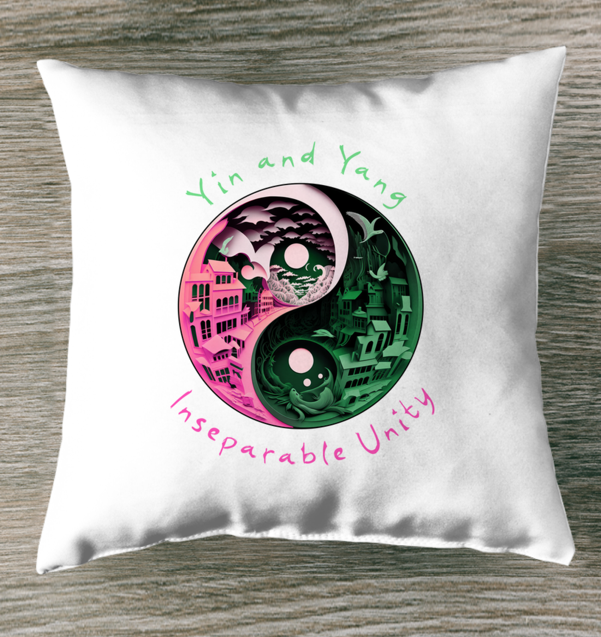 Ying Yang design on Arctic Aura indoor pillow.