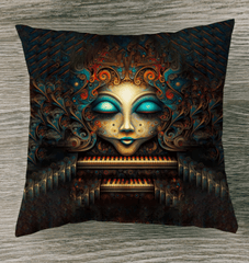 Vintage Visions outdoor pillow in a garden setting.