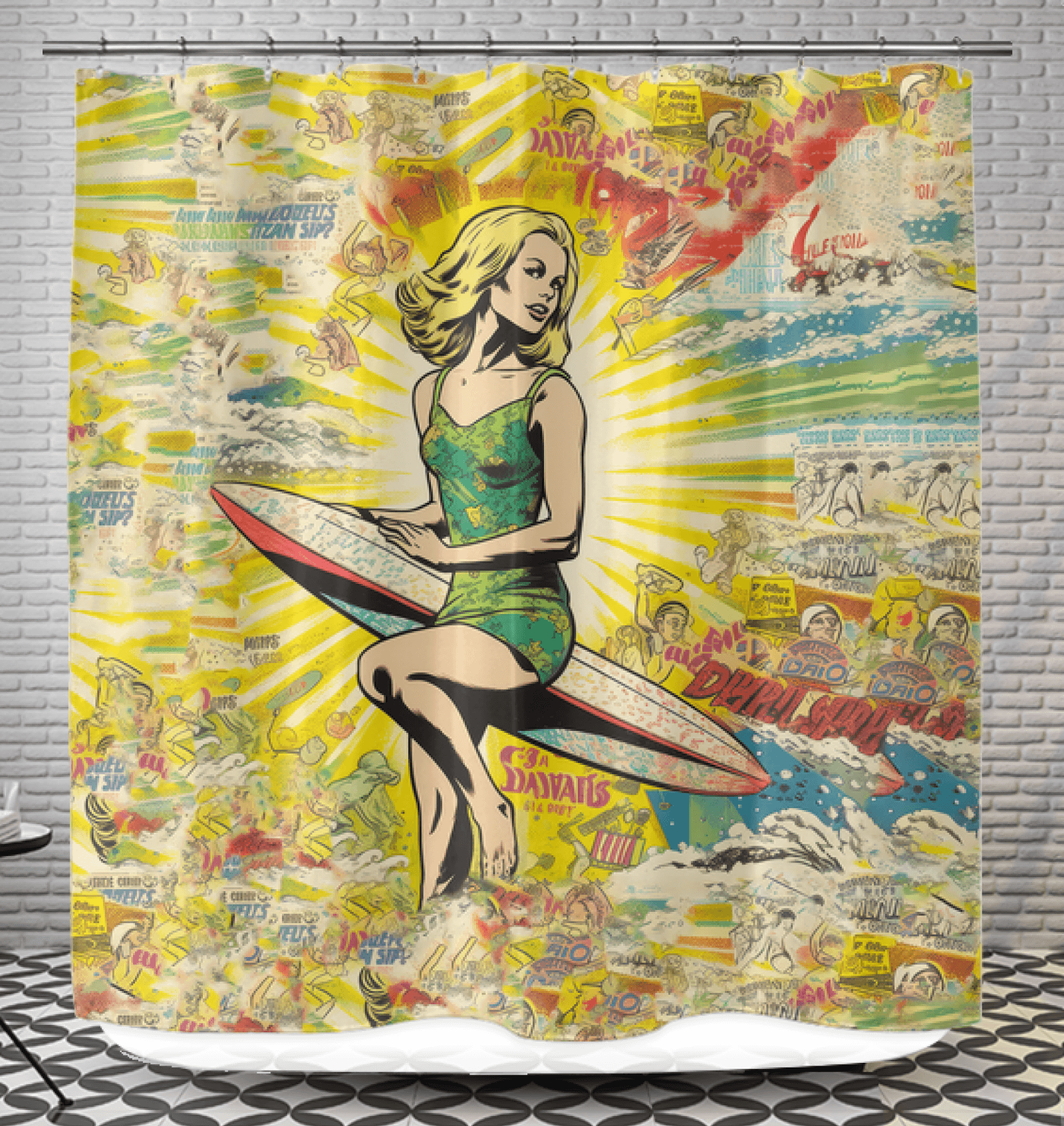 Surfing 1 25 Shower Curtain adorning a bathroom, bringing a vibrant surf design to life for a unique and stylish bathing experience.