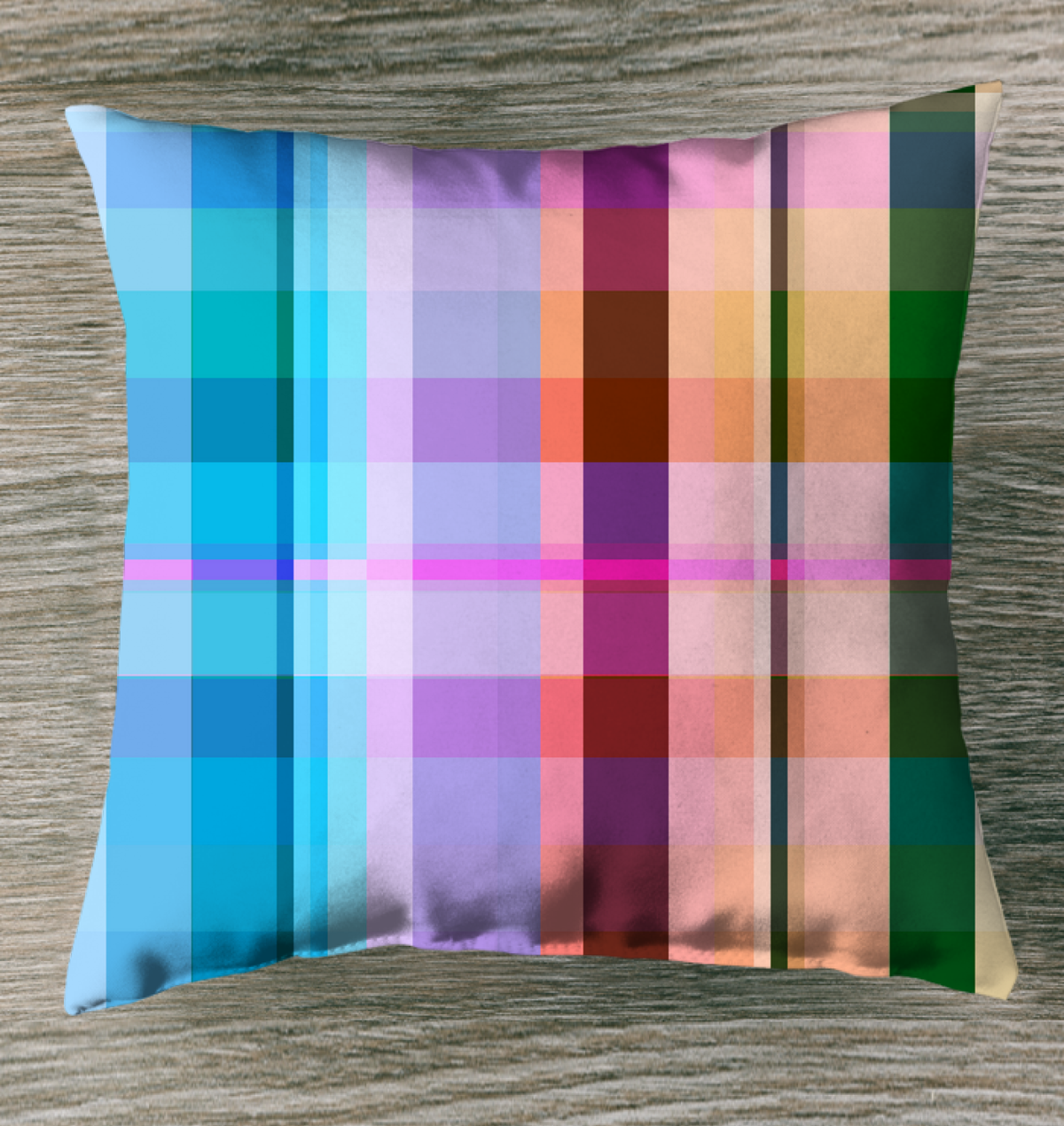 Psychedelic Prism Outdoor Pillow displayed on a patio chair, showcasing its colorful and mesmerizing prism design.