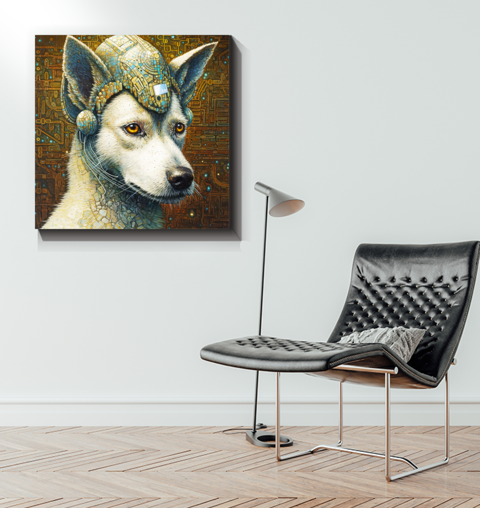 Decorative canvas art of dogs in a park setting.