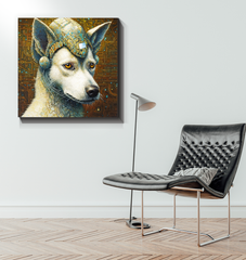 Decorative canvas art of dogs in a park setting.