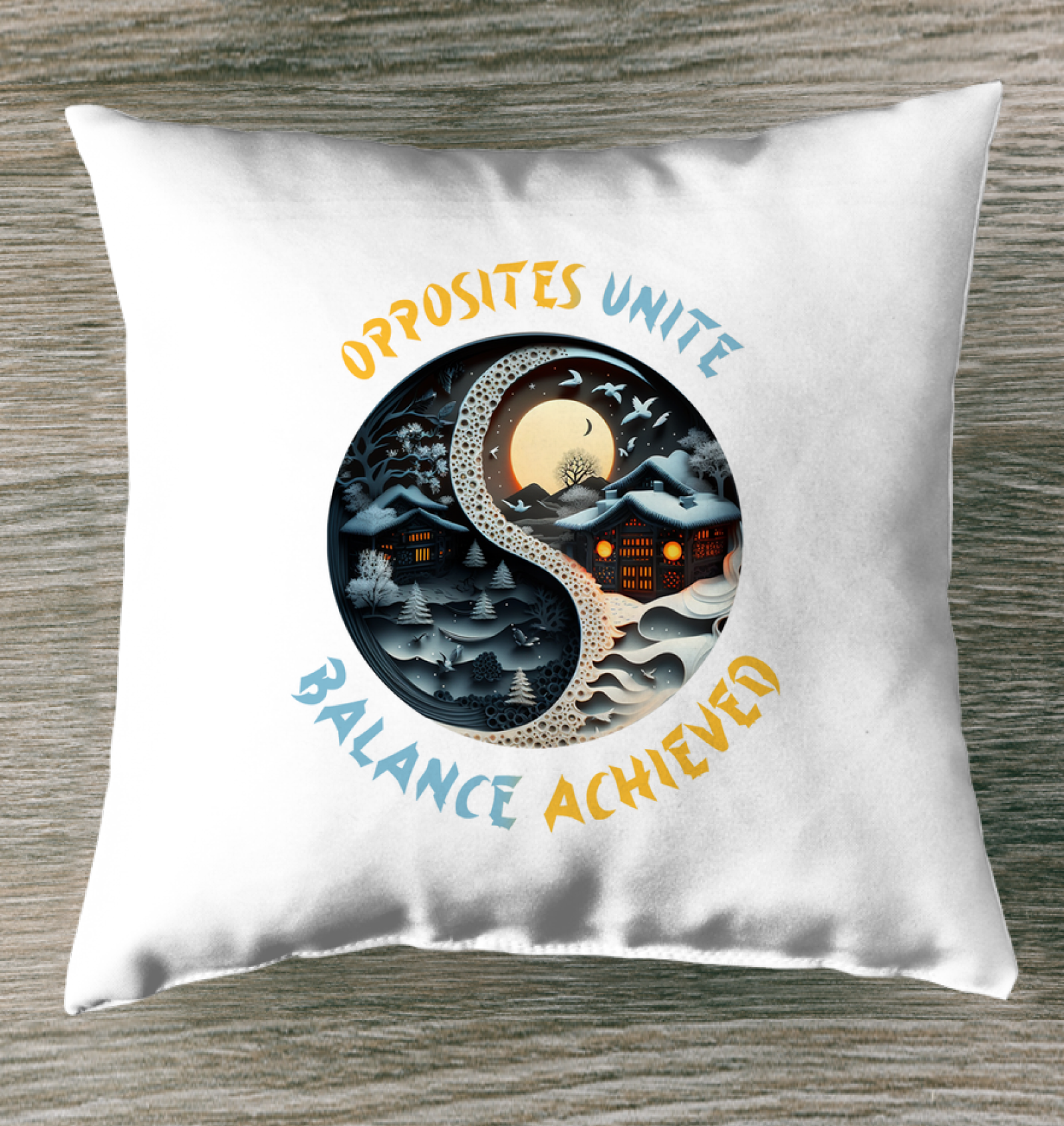 Yin Yang design on Twilight Peace indoor pillow for harmony.