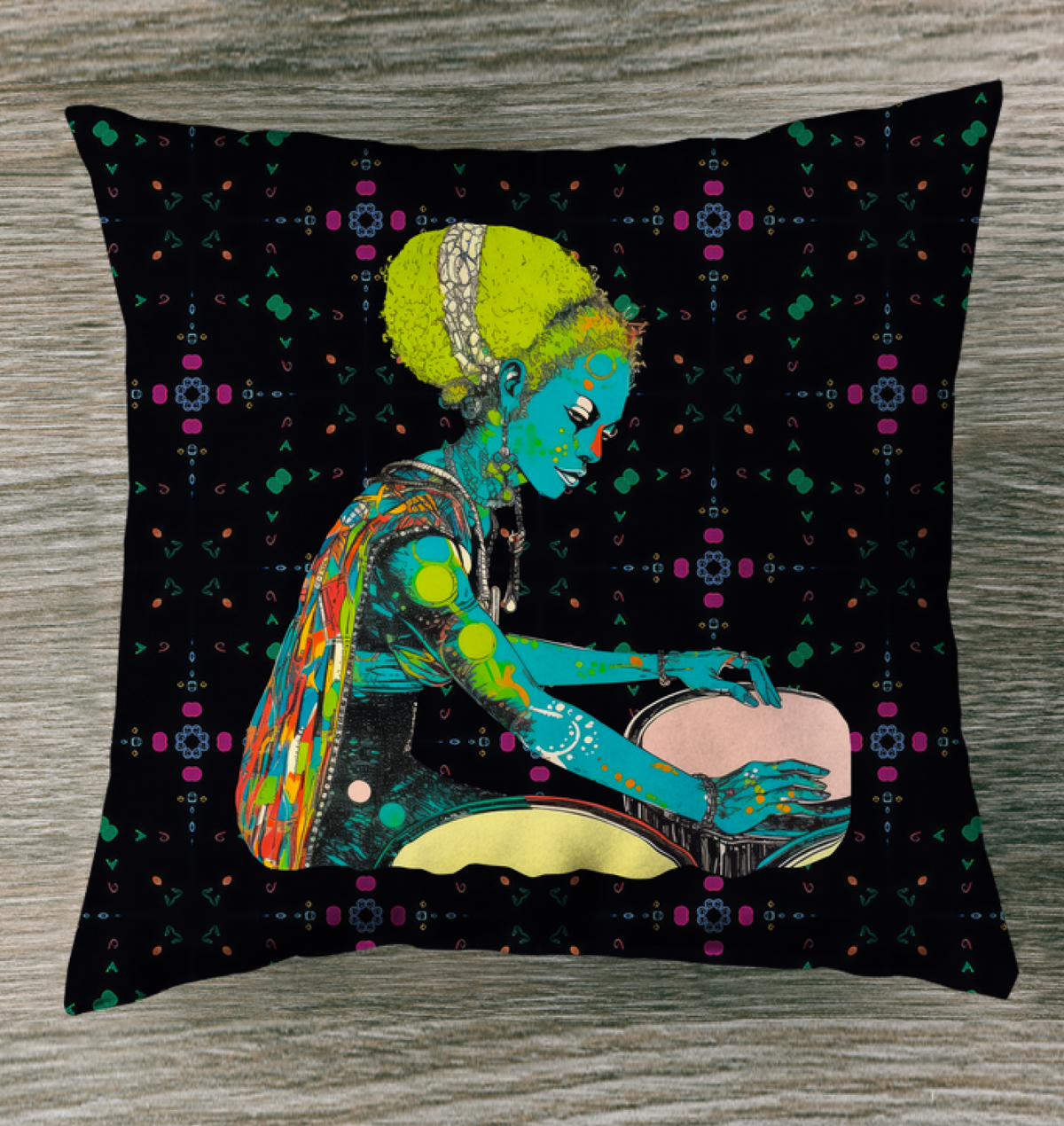 Flowing Melodies Outdoor Pillow on a stylish patio lounger.