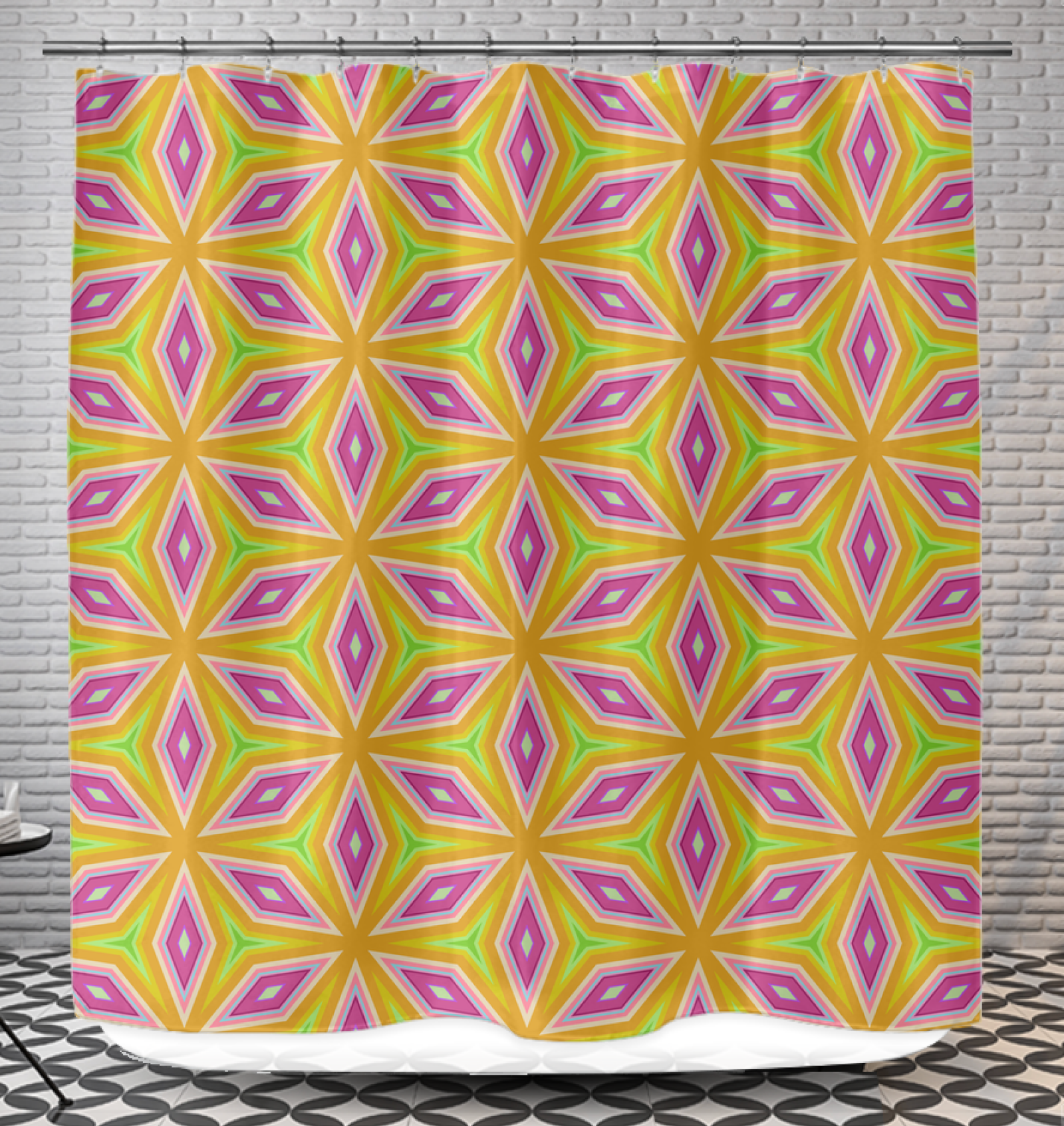 Colorful Festive Fiesta pattern on a durable shower curtain.