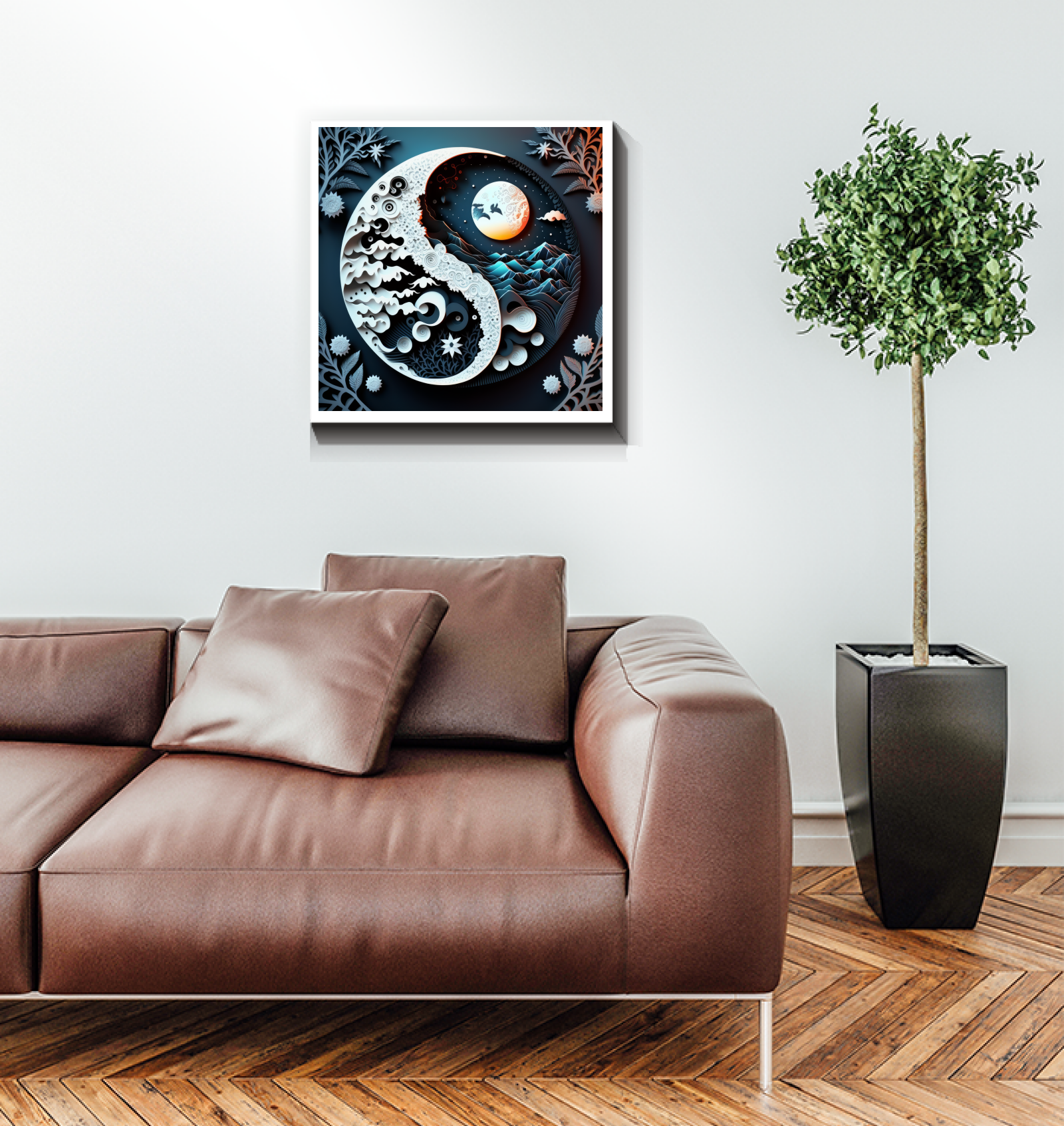 Artistic depiction of Earth and Sky in a wrapped canvas.