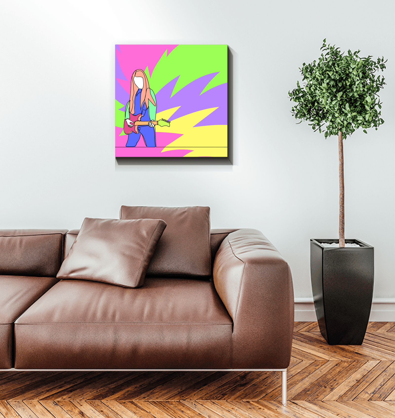 Girl Playing Guitar Line Art 2 Wrapped Canvas - Beyond T-shirts
