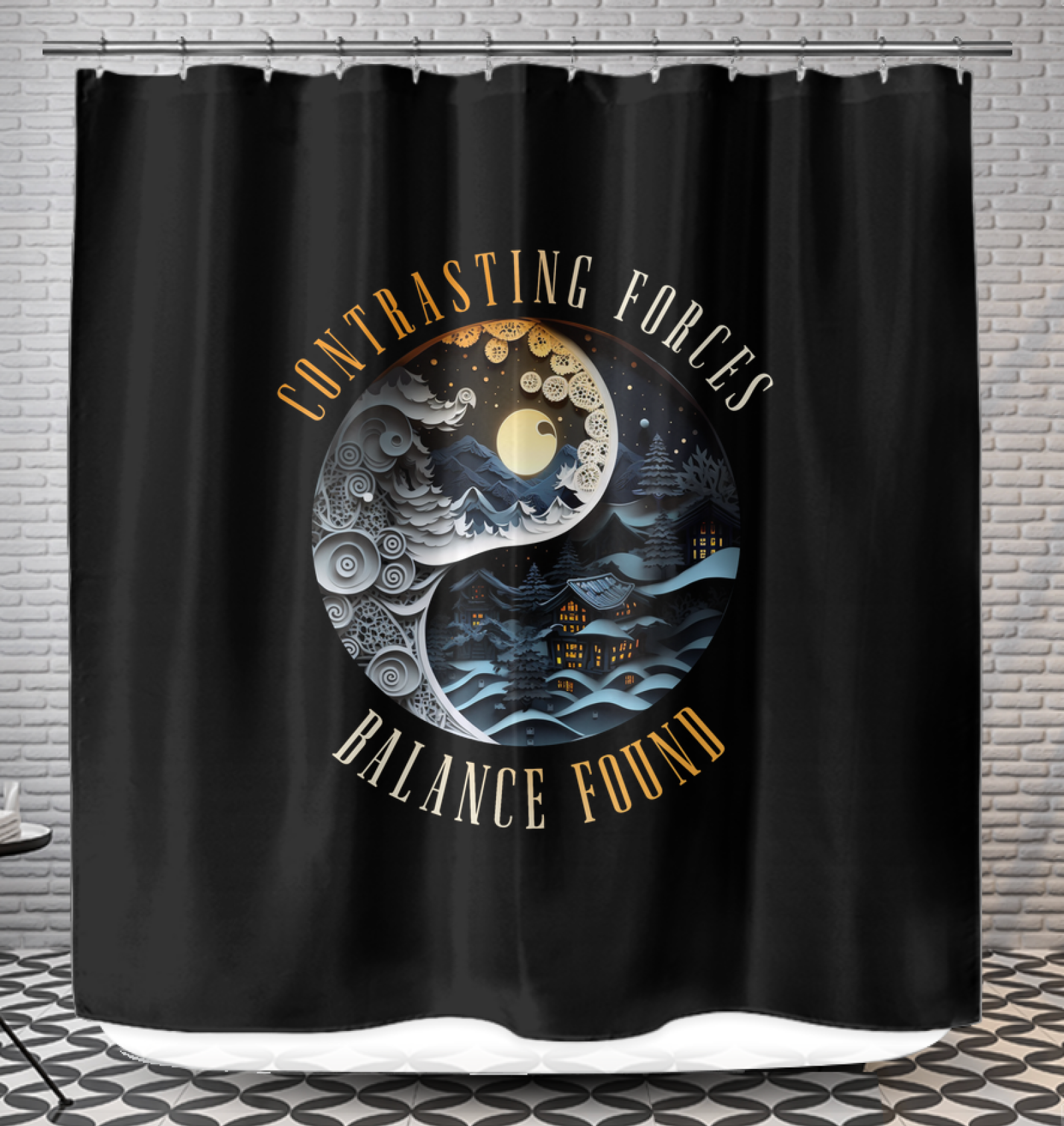 Ying Yang shower curtain set against a mountain retreat backdrop.