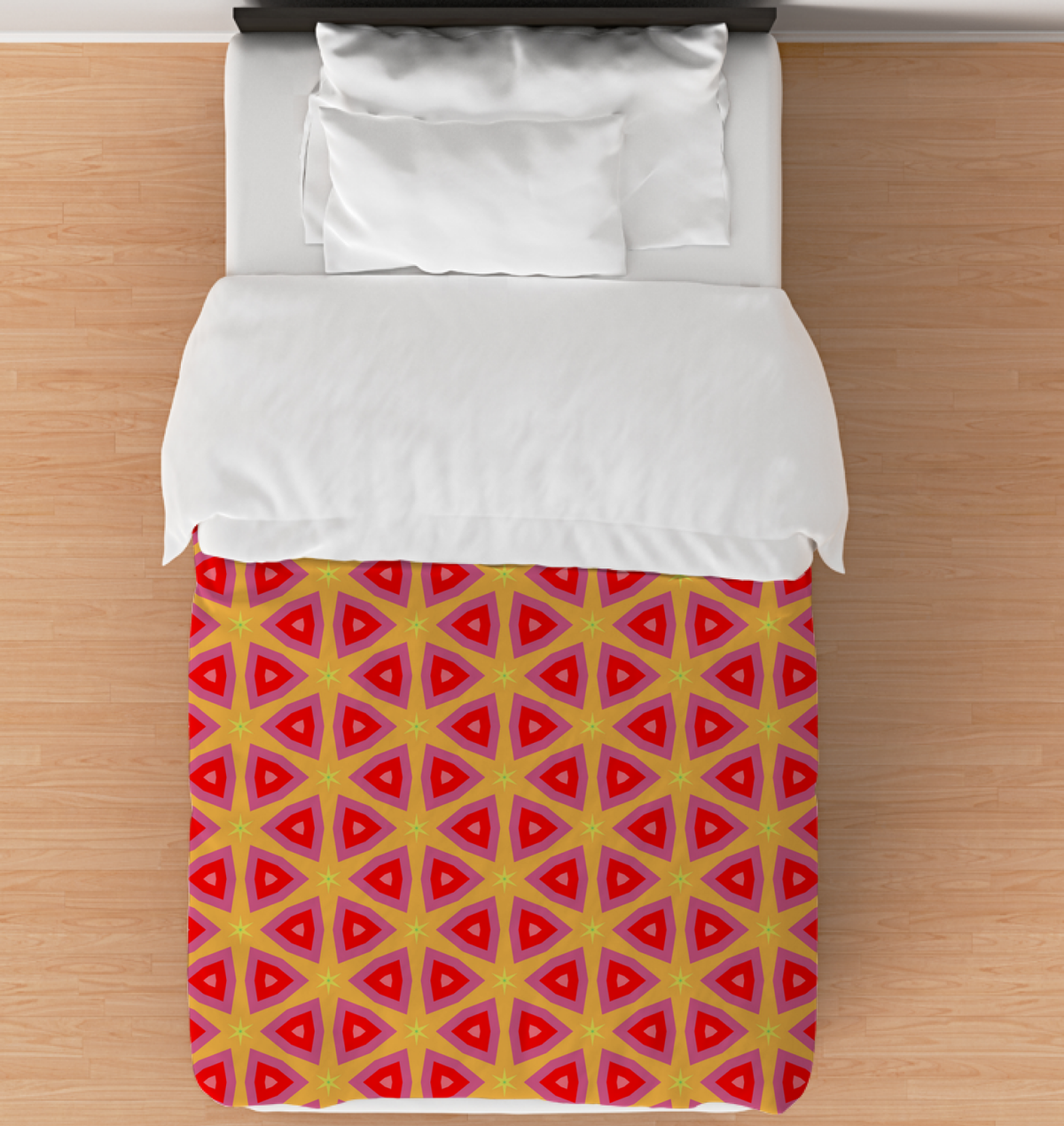 Abstract design comforter in vibrant colors.