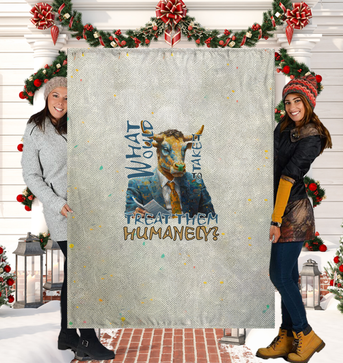 Yoga-themed sherpa blanket with buffalo illustration.