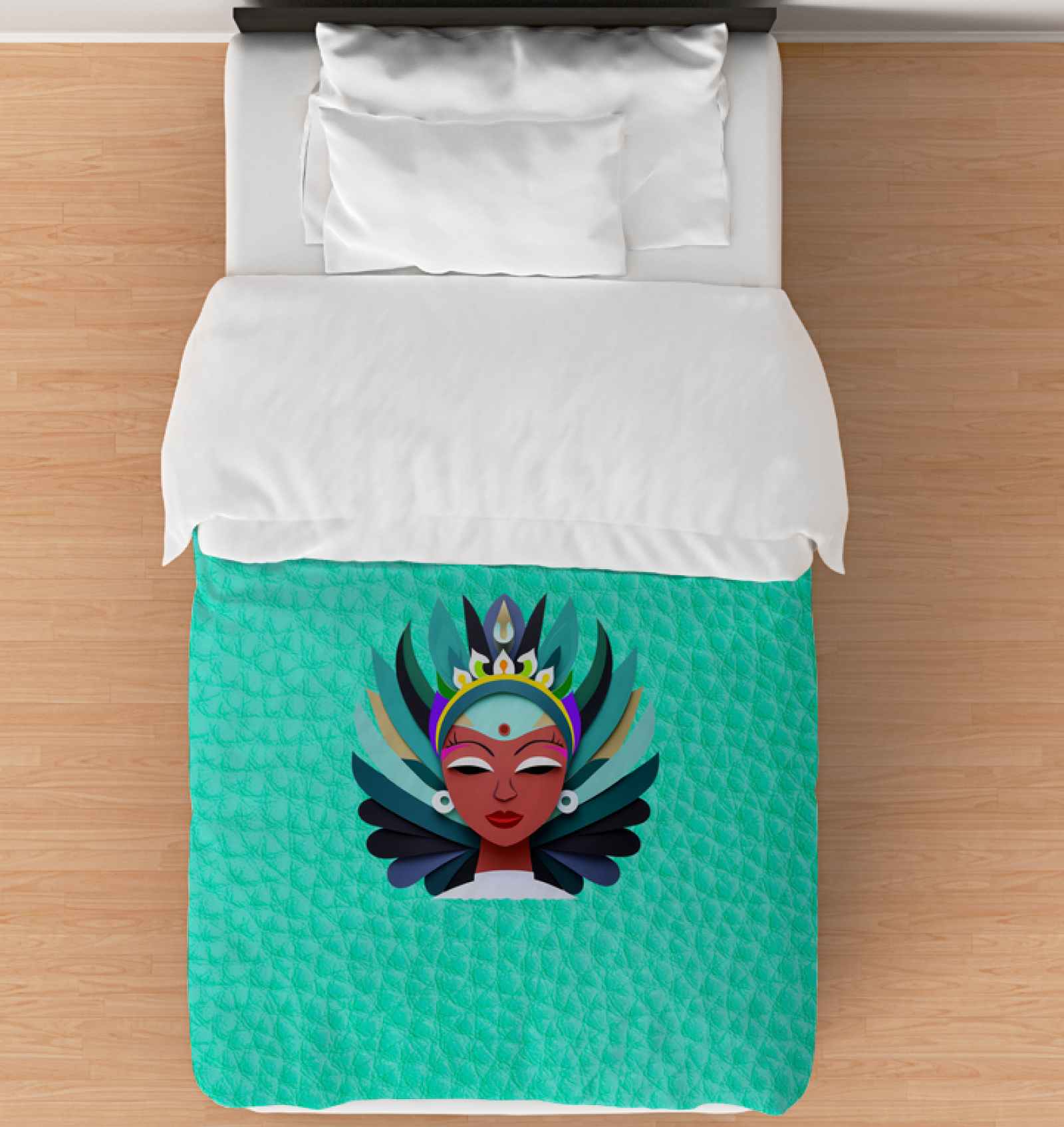 Front view of Snow Queen’s Winter Palace Comforter on a bed.