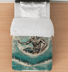 Surfing 1 36 Twin Comforter spread on a bed, showcasing its eye-catching surf design, perfect for those who dream of the ocean.