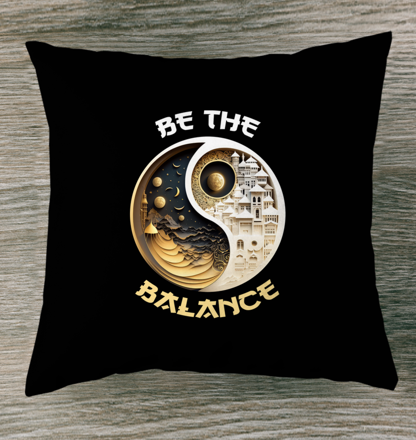 Ying Yang indoor pillow featuring sun and moon design.