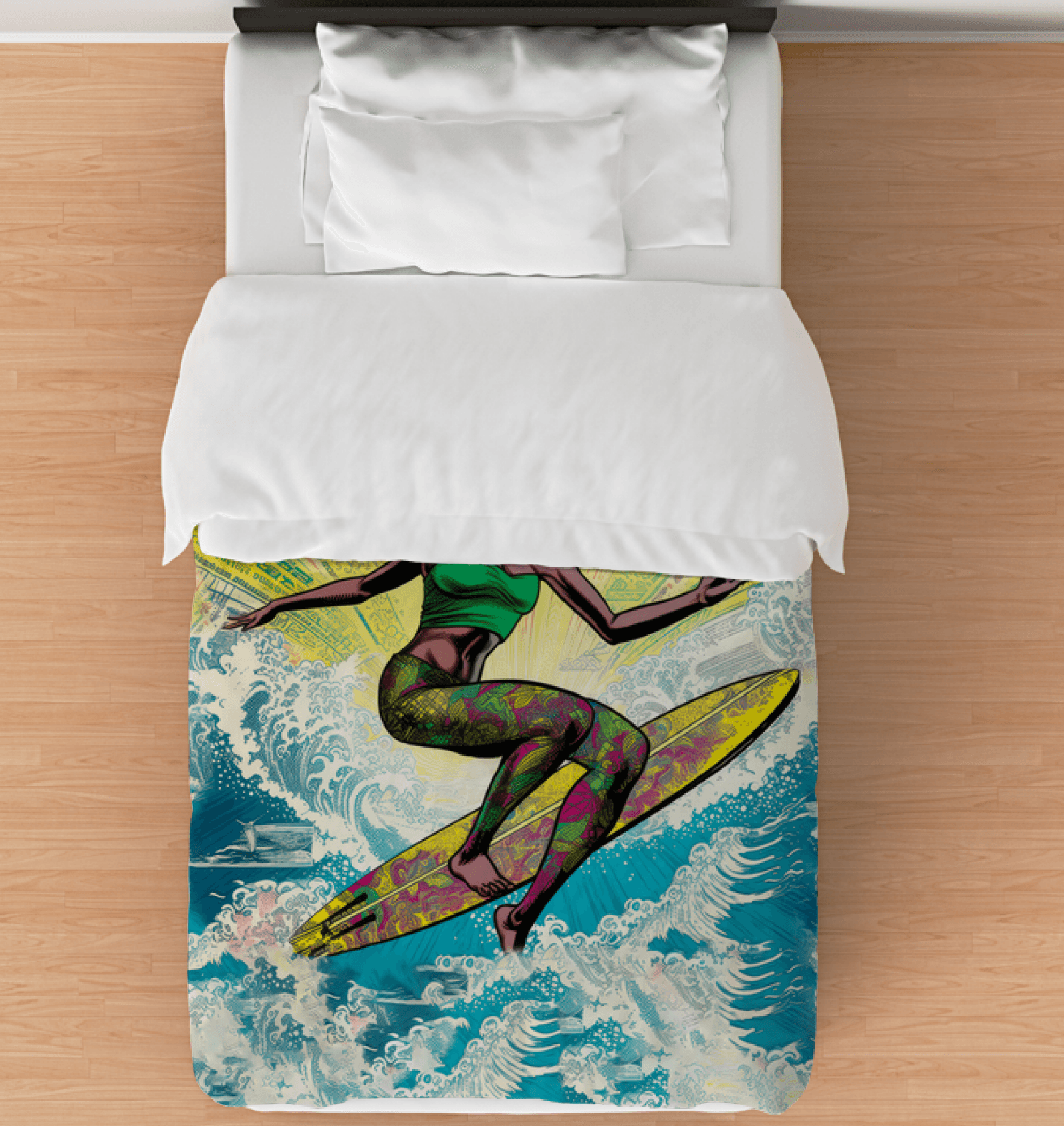 Surfing 1 17 Twin Comforter on a bed, showcasing its bold and adventurous surf-themed design, ideal for dreamers of the sea.