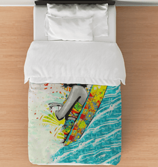 Surfing 1 48 Twin Comforter displayed on a bed, capturing the essence of the surf with its vivid and dynamic design.