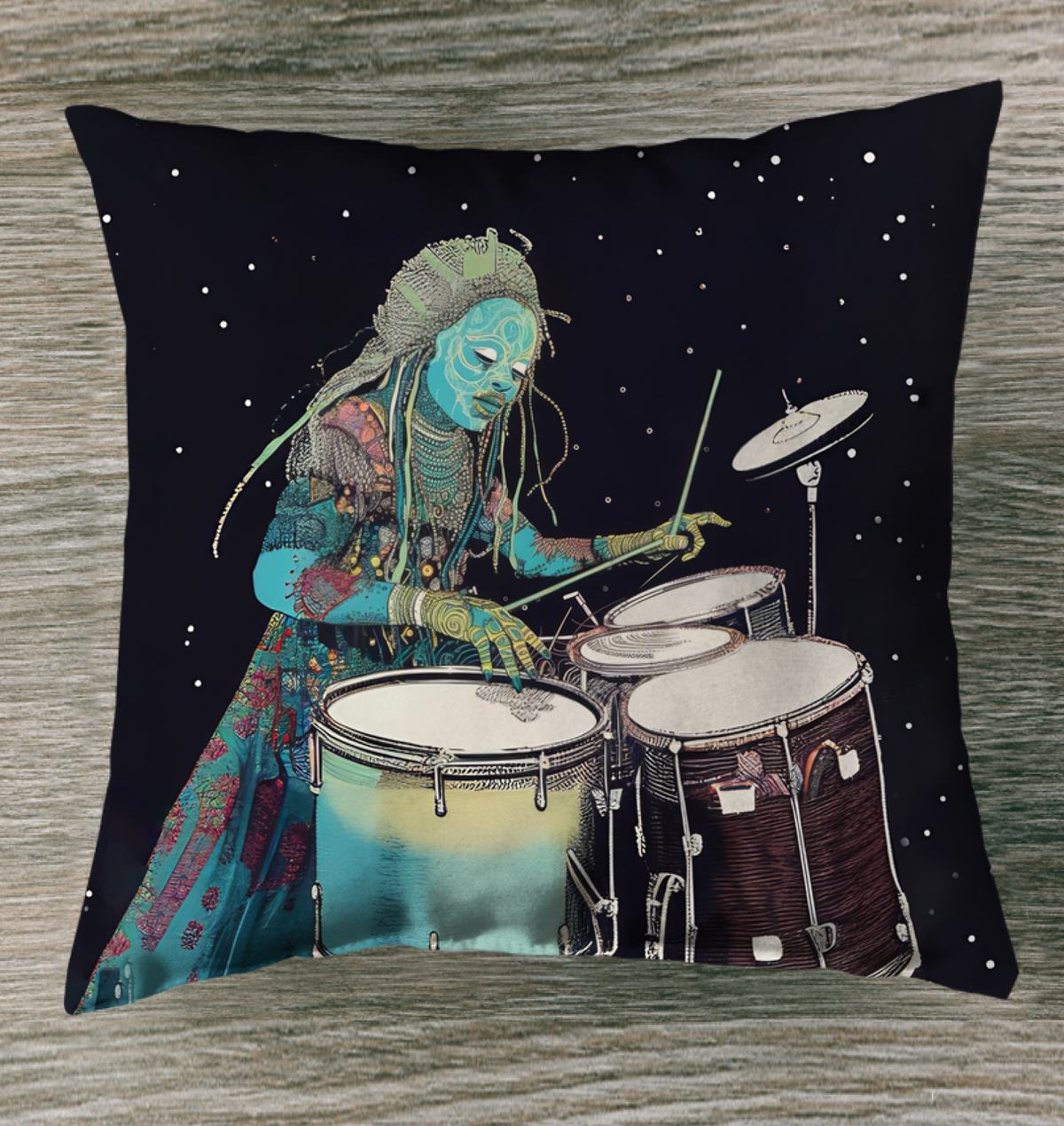 Vibrant Vibes Music Flow Outdoor Pillow on a lively patio chair.