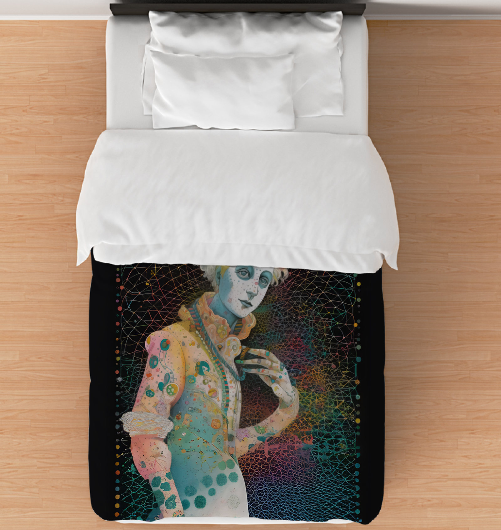 Vibrant Vibes Duvet Cover on a bed in a colorful bedroom.