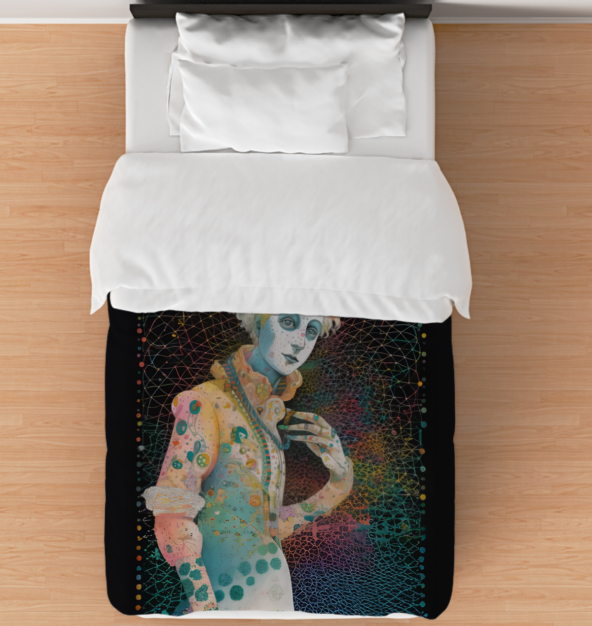Vibrant Vibes Duvet Cover on a bed in a colorful bedroom.