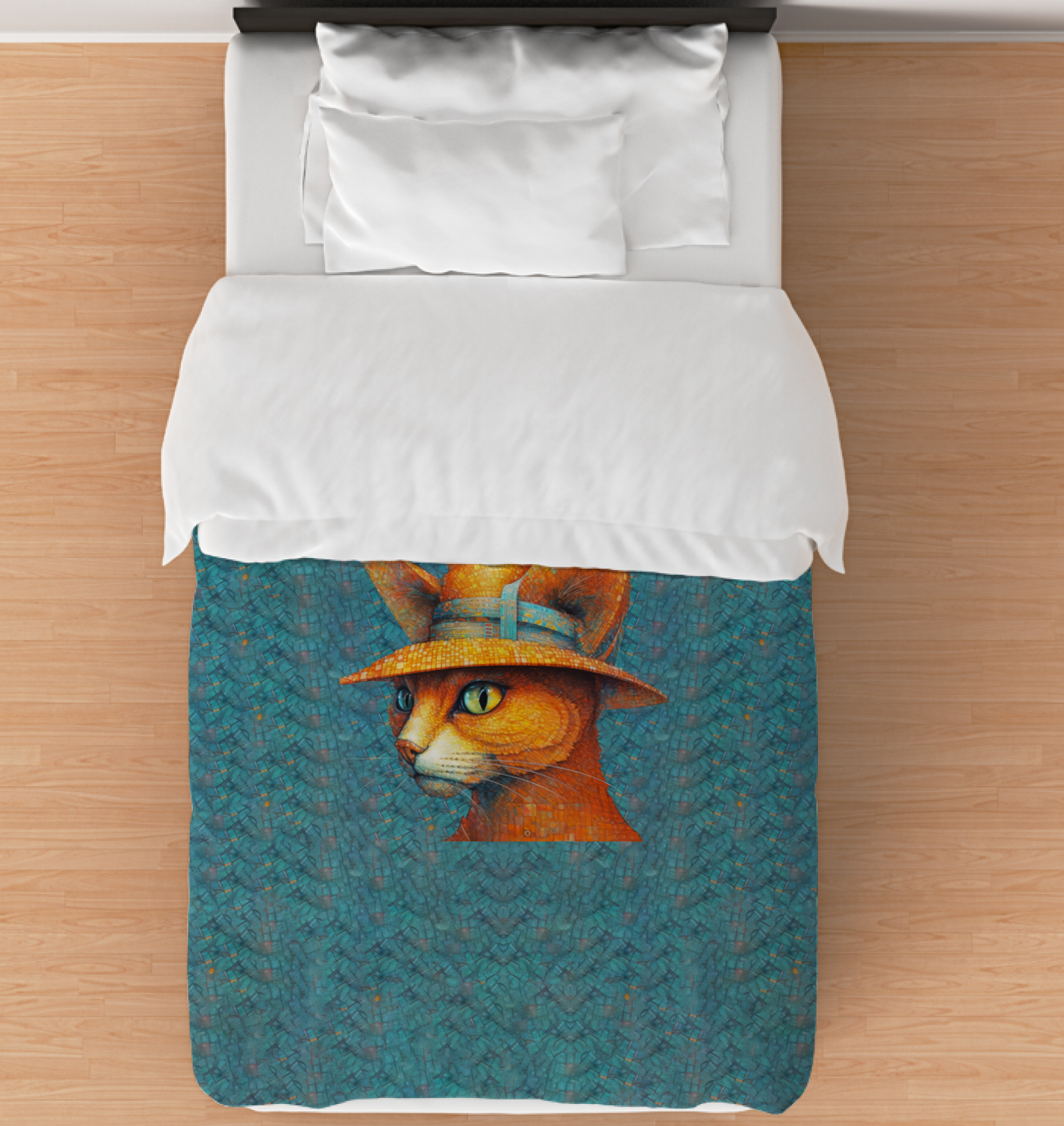 Curious Kitty Adventures Duvet Cover on a bed