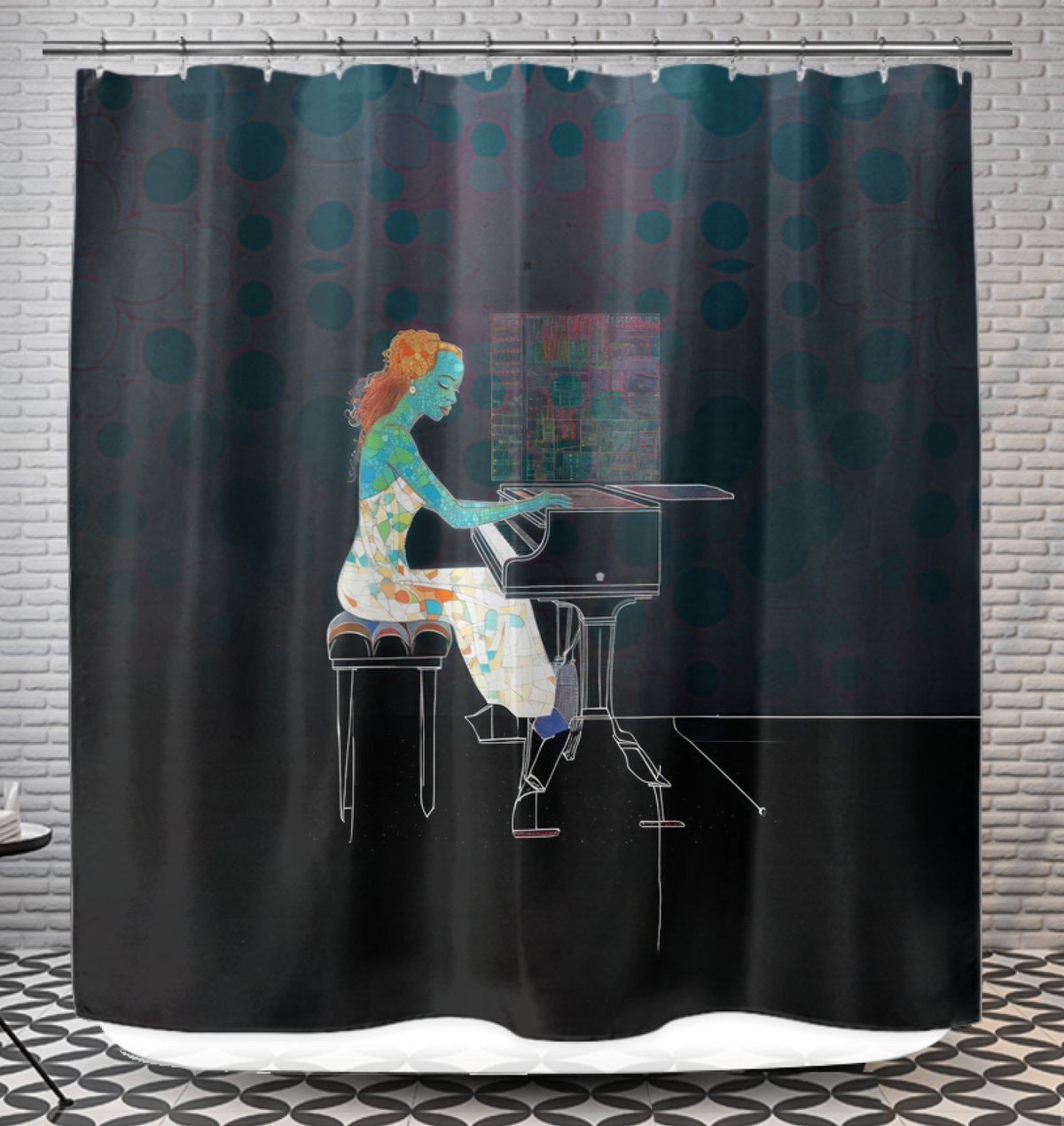A close-up view of the Iris Illumination Shower Curtain showcasing its colorful design.