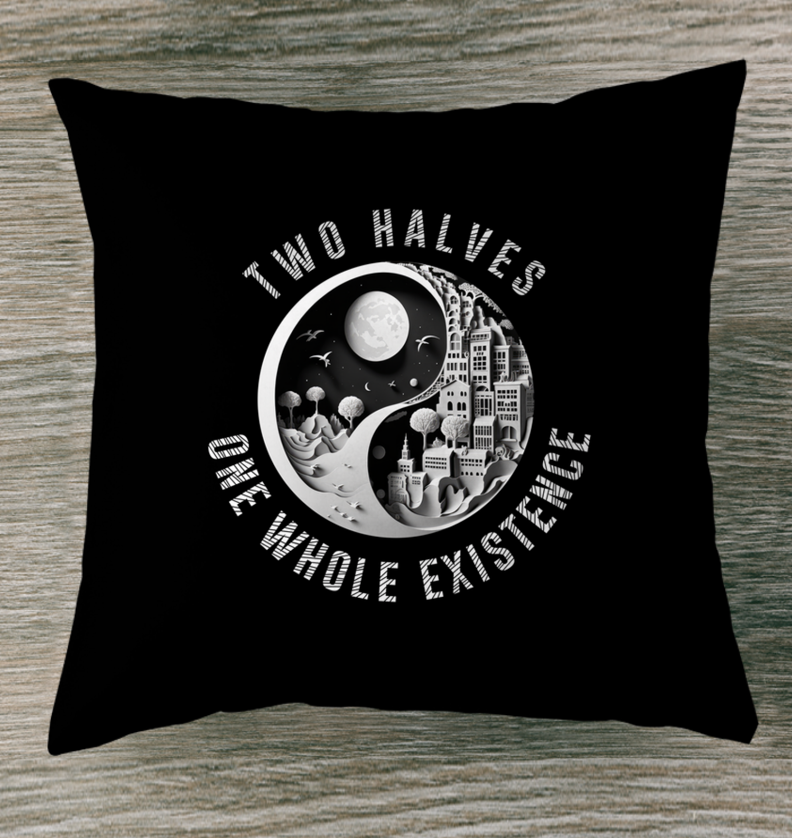 Ying Yang design indoor pillow for winter comfort.