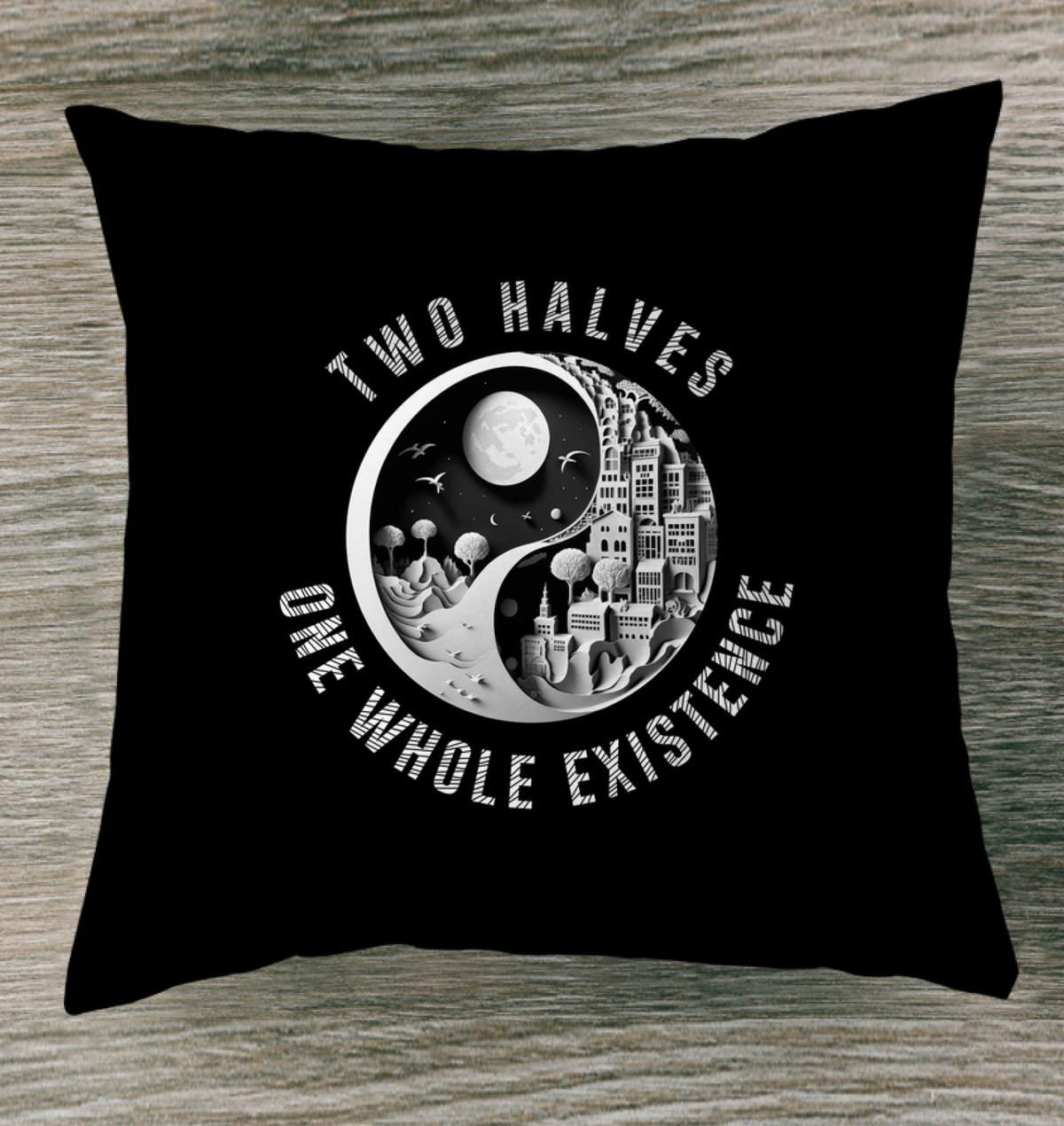 Ying Yang design indoor pillow for winter comfort.