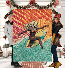 Snuggled in comfort with the Surfing 101 Sherpa blanket, perfect for surf lovers seeking warmth.