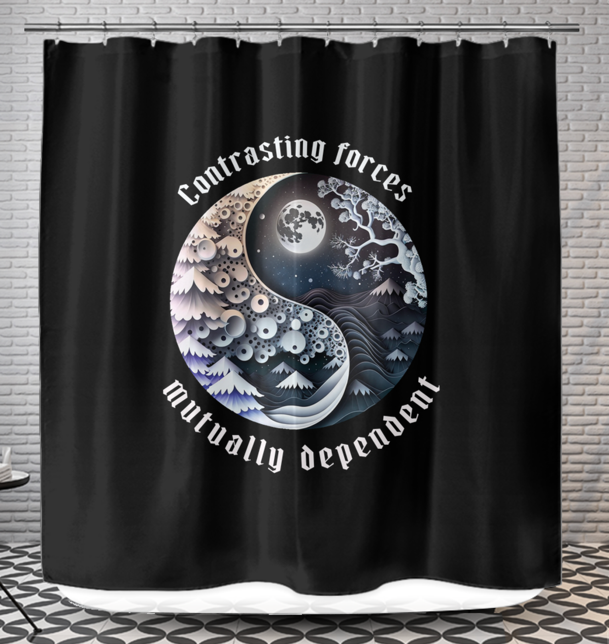 Ying Yang shower curtain with desert mirage design.