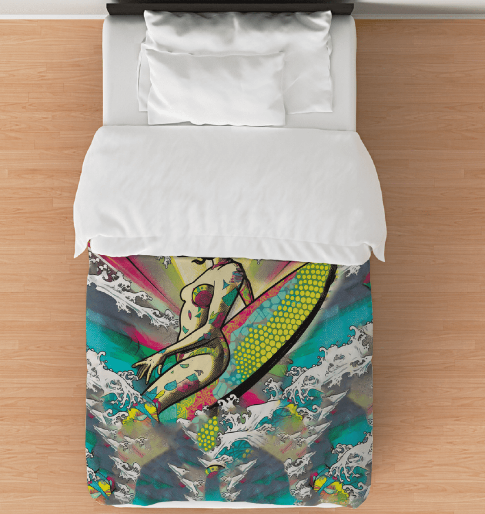 Surfing 1 50 Twin Comforter on a bed, featuring a vibrant design that captures the essence of surfing, perfect for enthusiasts of the ocean waves.