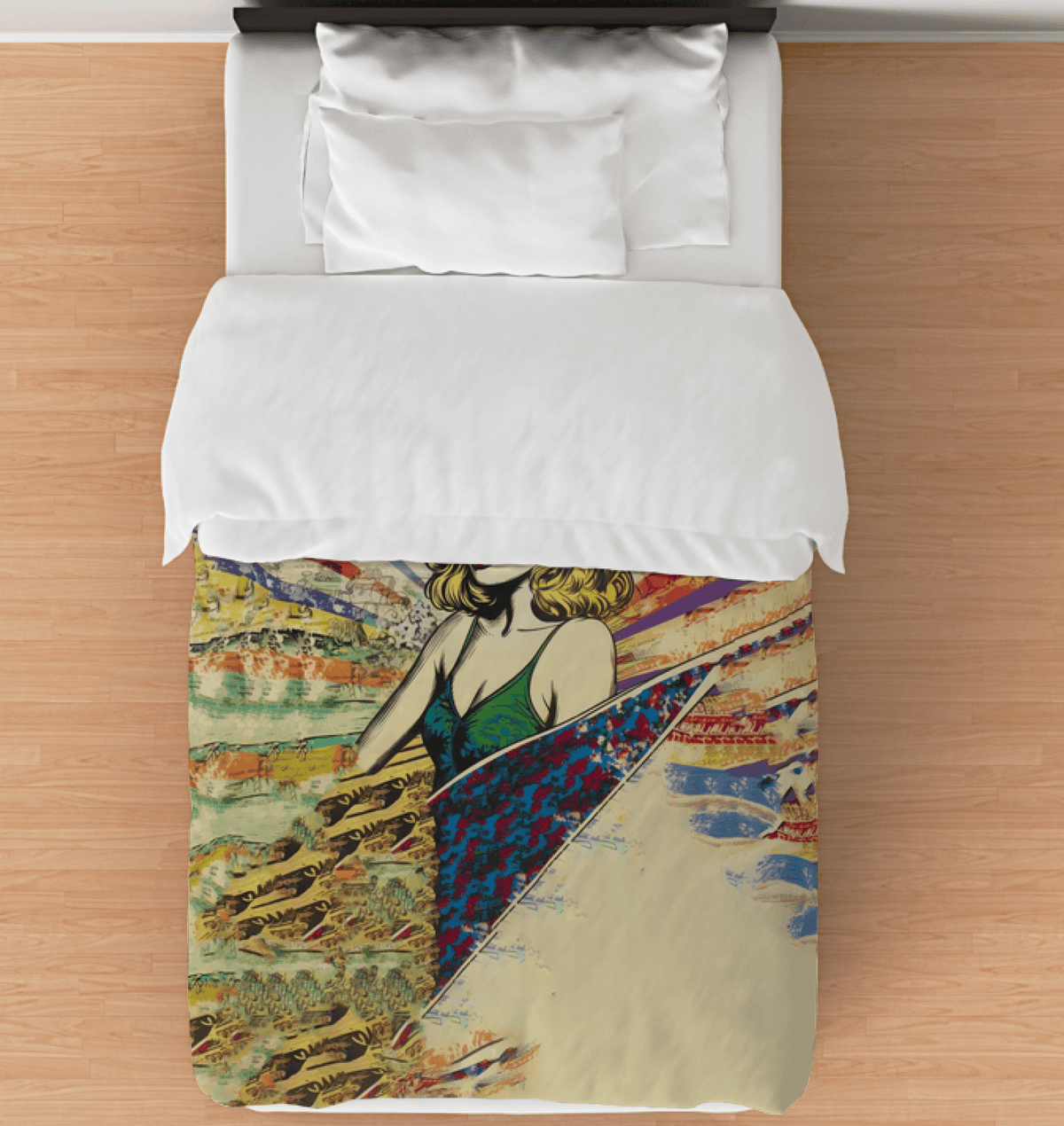 Surfing 1 22 Twin Comforter laid out on a bed, featuring an energetic surf design, perfect for those who love the ocean's call.